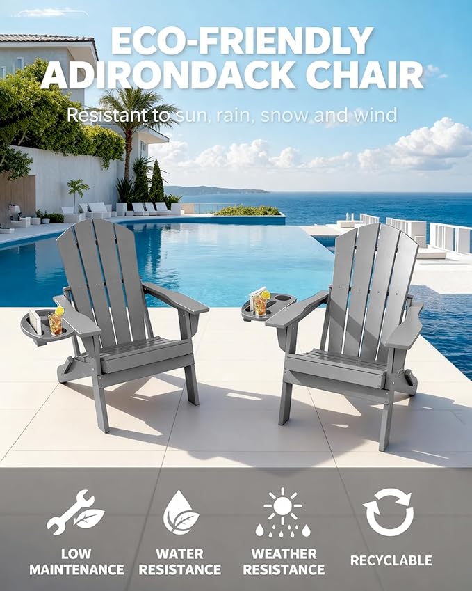 Adirondack Chair Set of 8, HDPE Folding Adirondack Chair with Multifunctional Cup Holder, Weather Resistant Fire Pit Chair for porches, patios, poolsides, Decks.