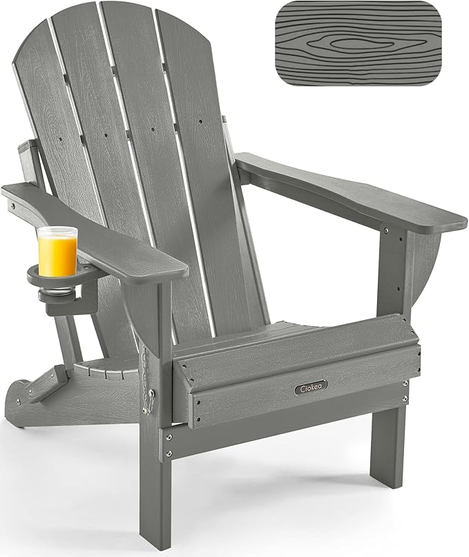 Ciokea Folding Adirondack Chair Wood Texture, Patio Chair Weather Resistant, Plastic Fire Pit Chair with Cup Holder - Photo 1