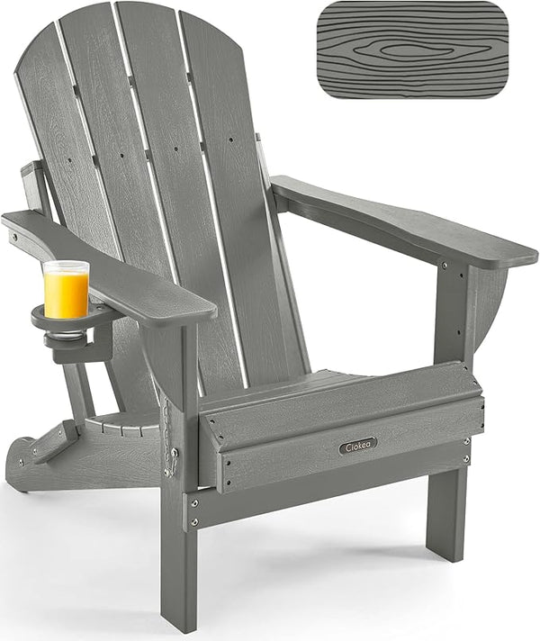 Ciokea Folding Adirondack Chair Wood Texture, Patio Chair Weather Resistant, Plastic Fire Pit Chair with Cup Holder - Photo 1