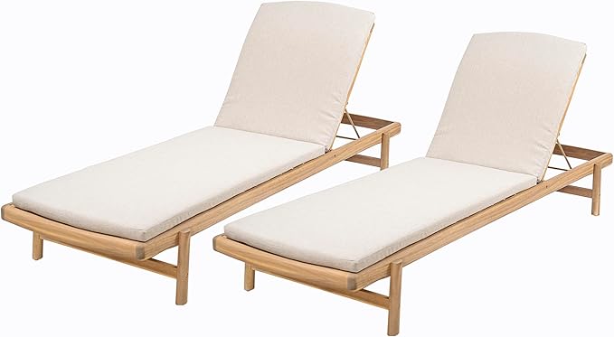 Christopher Knight Home Brolen Acacia Wood Chaise Lounge Chair Outdoor Set of 2, Patio Outdoor Chaise Lounge with Cushions, Adjustable Backrest Lounge Sofa, Wooden Sunbathing Pool Lounger, Teak+Beige