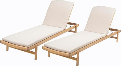 Christopher Knight Home Brolen Acacia Wood Chaise Lounge Chair Outdoor Set of 2, Patio Outdoor Chaise Lounge with Cushions, Adjustable Backrest Lounge Sofa, Wooden Sunbathing Pool Lounger, Teak+Beige