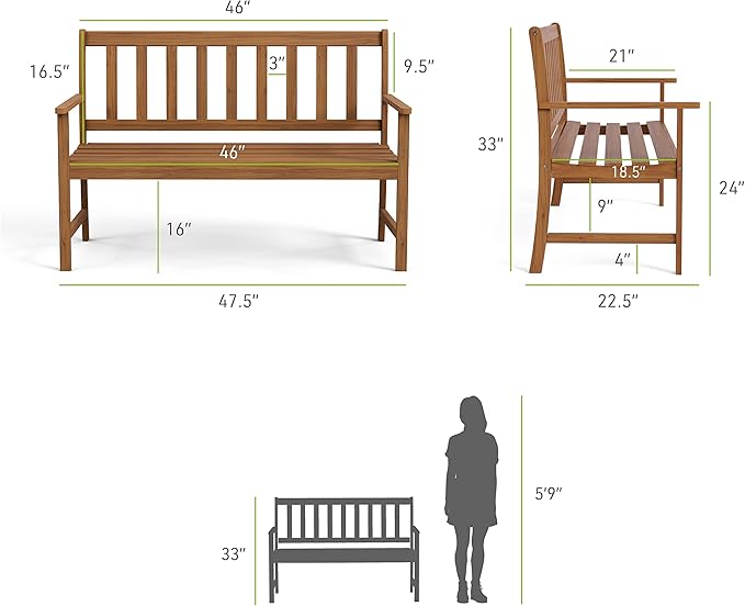 Greemotion Borkum 4-Feet Eucalyptus Solid Wood Outdoor Bench, Garden Chair for Patio Backyard Porch, Natural