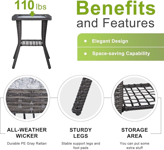 Outvita Outdoor Side Table, Patio Rattan Coffee Table Small End Table with Glass Tabletop and Storage Shelf for Patio Porch Backyard Balcony Living Room