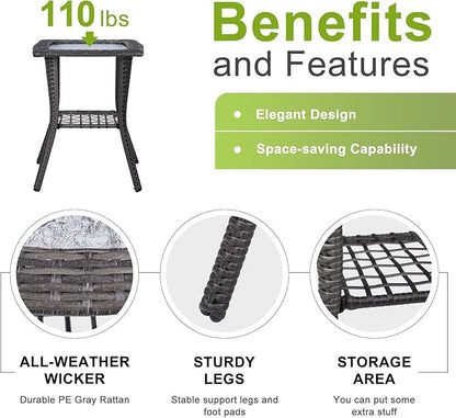 Outvita Outdoor Side Table, Patio Rattan Coffee Table Small End Table with Glass Tabletop and Storage Shelf for Patio Porch Backyard Balcony Living Room