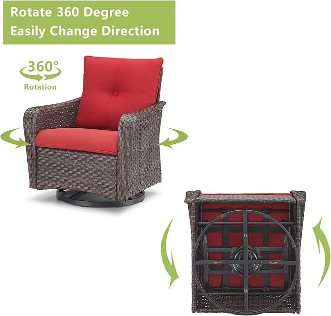 Rilyson Outdoor Patio Swivel Rocker Chairs - 3 PC Wicker Patio Bistro Sets with High Back,Thick Comfy Cushions, Deep Seating and Side Table for Porch Deck Backyard Garden(Brown/Red)