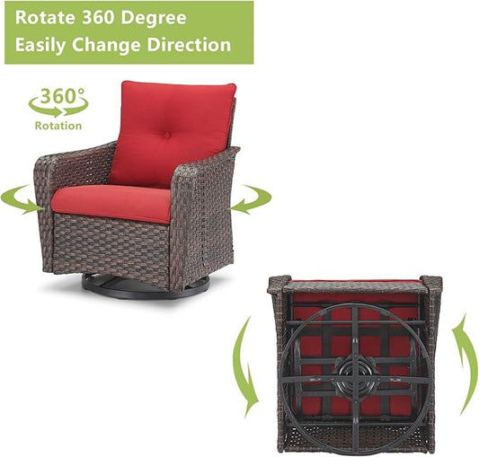 Rilyson Outdoor Patio Swivel Rocker Chairs - 3 PC Wicker Patio Bistro Sets with High Back,Thick Comfy Cushions, Deep Seating and Side Table for Porch Deck Backyard Garden(Brown/Red)