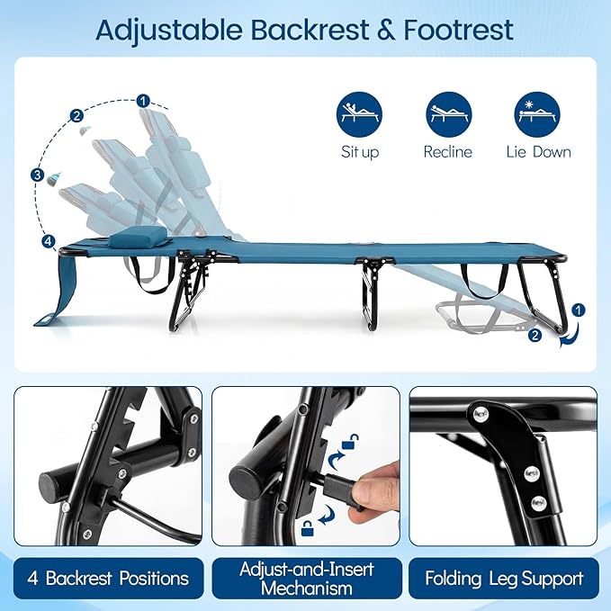 Goplus Tanning Chair, Folding Beach Lounge Chair with Face Hole, Removable Pillow, Carry Strap, Position Adjustable - Photo 4