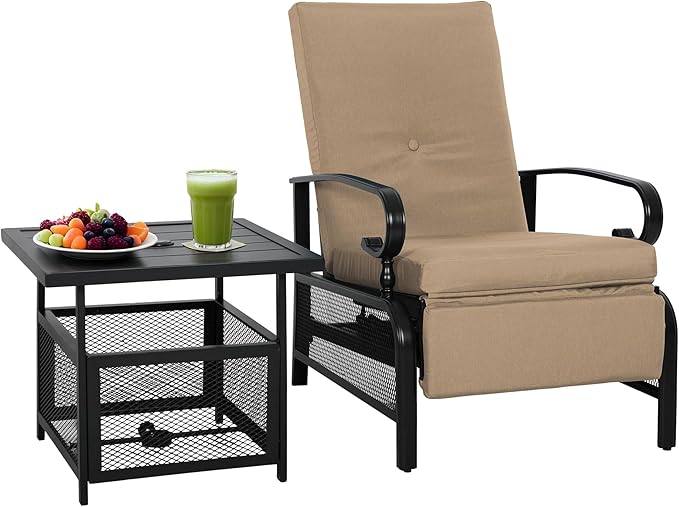 Incbruce 2 Pieces Outdoor Lounge Recliner Set, Adjustable Metal Recliner Sofa Chair and Umbrella Stand Side Square Table Suitable for Garden, Pool, Yard (Brown)