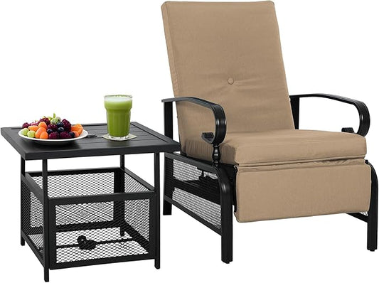 Incbruce 2 Pieces Outdoor Lounge Recliner Set, Adjustable Metal Recliner Sofa Chair and Umbrella Stand Side Square Table Suitable for Garden, Pool, Yard (Brown)