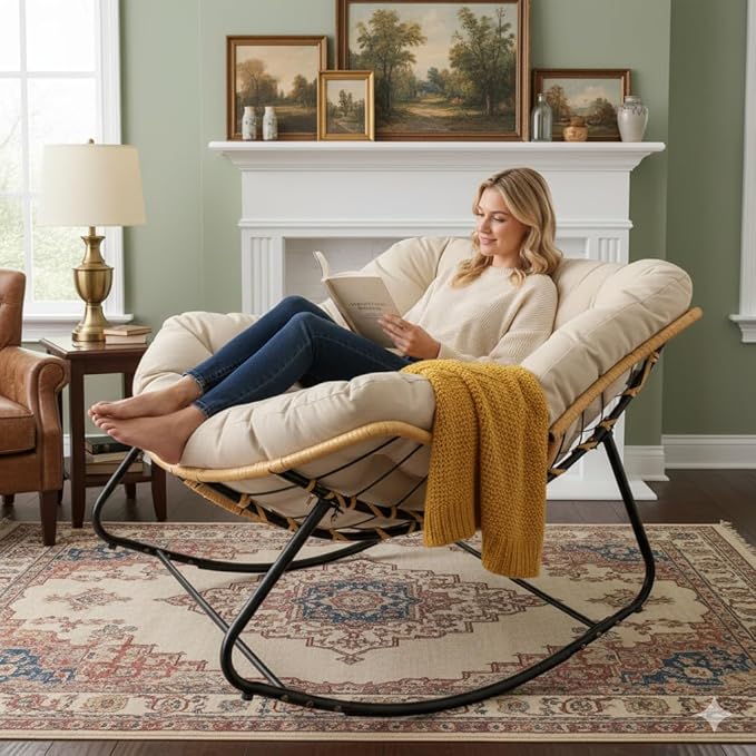 FLEXISPOT Papasan Rocking Chair with Thick Cushion, Indoor Outdoor Lounge Accent Chair with Sturdy Metal Frame Base, Cozy Reading Rocker for Living Room, Bedroom, Balcony-Beige