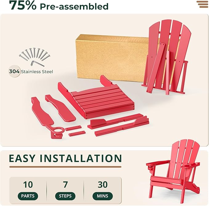 BRIOPAWS Folding-Adirondack-Chair | HDPE Plastic | Fire Pit Chairs | Cup Holder | Curved Back | All Weather | for Outdoor Backyard Deck Patio | Red