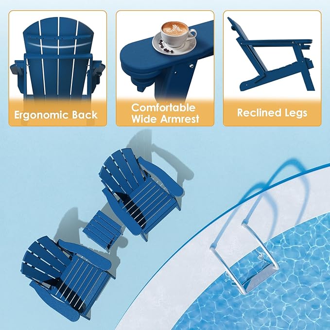 IVY&LANE Folding-Adirondack-Chairs-Set-of-2 | HDPE Plastic | Outdoor Fire Pit Chair with Cup Holder | Blue | Poly | Weather Resistant | for Patio Deck Poolside Garden Beach