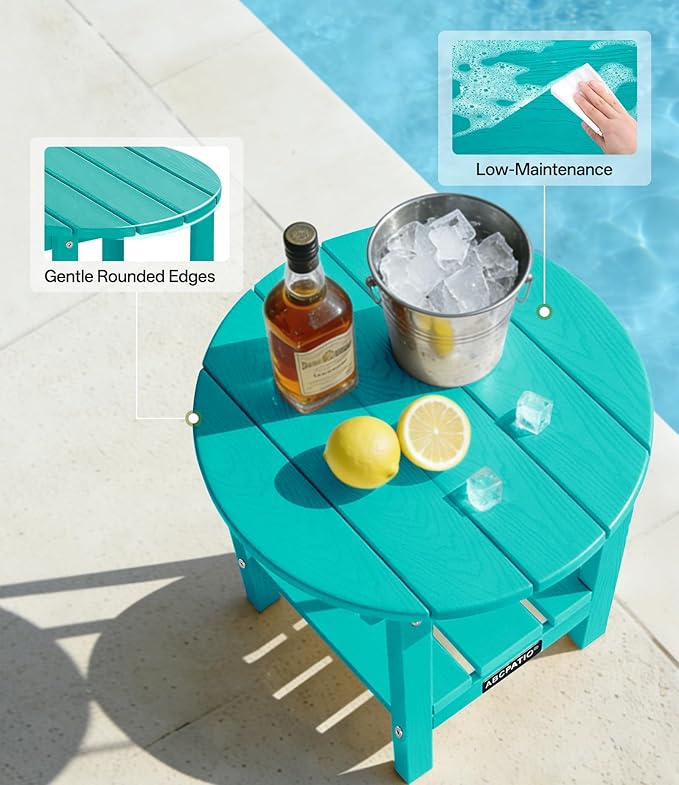 Outdoor Side Table Round - Patio Side Tables - HDPE Small Outdoor End Table for Backyard Pool Porch Balcony - Double Layer Storage - Turquoise (Wood Grain Finish)