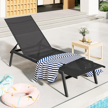 AECOJOY Patio Lounge Chairs for Outside, Adjustable Outdoor Chaise Lounge with Wheels and Adjustable 5-Position Recliner for Pool, Beach, Backyard, Deck, Lawn, Black