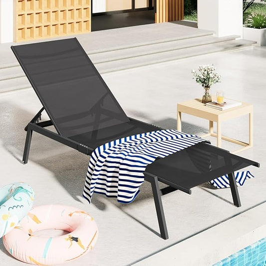 AECOJOY Patio Lounge Chairs for Outside, Adjustable Outdoor Chaise Lounge with Wheels and Adjustable 5-Position Recliner for Pool, Beach, Backyard, Deck, Lawn, Black