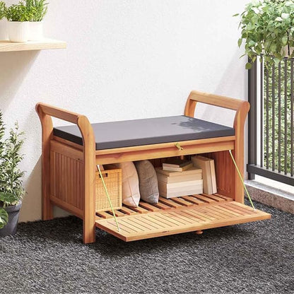Garden Storage Bench with Cushion in Dark Grey and Brown, Solid Acacia Wood Weather-Resistant Outdoor Furniture for Patio Seating and Organizing, Modern Design with Removable