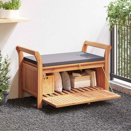 Garden Storage Bench with Cushion, Dark Grey Brown, Solid Acacia Wood, Durable Weather-Resistant, Ample Seating and Storage Space, Modern Design for Patio Balcony