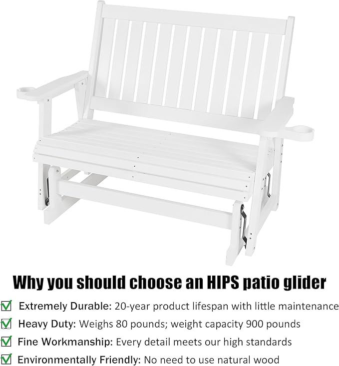 HIPS Patio Glider with Cup Holders, Durable Poly Lumber Material, All-Weather Resistant - Photo 4