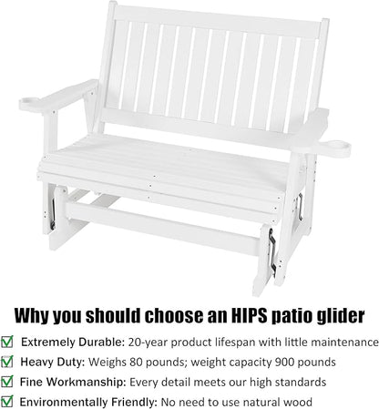 HIPS Patio Glider with Cup Holders, Durable Poly Lumber Material, All-Weather Resistant, High Backrest and Deep Contoured Seat, Heavy Duty 900 LB, for Outdoor, Porch, Patio (White, 2-Seat)
