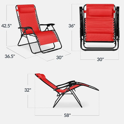 Best Choice Products Set of 2 Extra Wide Adjustable Steel Mesh Zero Gravity Lounge Chair Recliners w/Pillows and Cup Holder Trays - Crimson Red