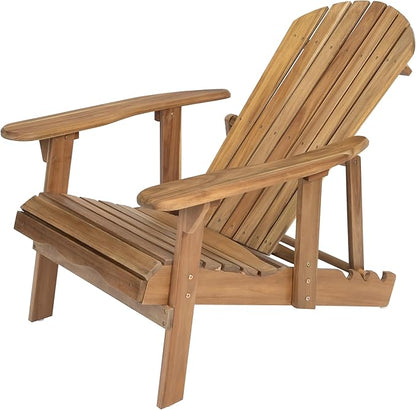 Merax Folding Adjustable Acacia Wood Adirondack Chairs, with Retractable Ottoman Outdoor Lounge Reclining Chair for Yard, Garden, Patio, Natural Stained