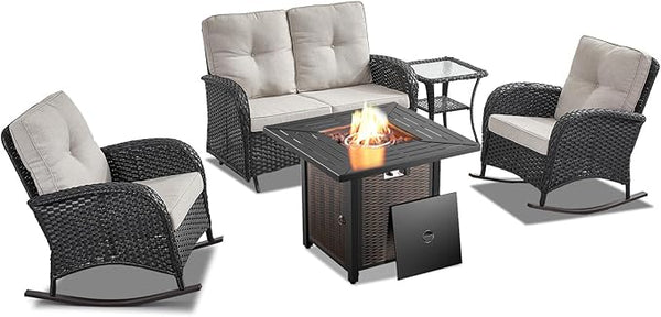 Belord 5 Pieces Patio Furniture Set with 50000 BTU Propane Fire Pit Table, All-Weather Patio Rocking Chairs - Photo 1