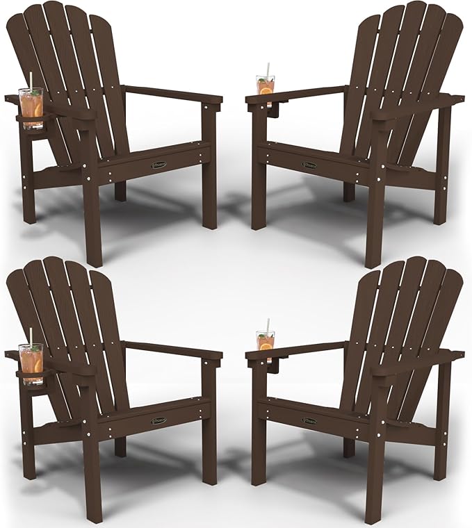 Stackable Adirondack Chair Set of 4, HDPE All-Weather Adirondack Chairs - Durable and Space Saving, Plastic Outdoor Fire Pit Chairs with Cup Holder,Brown