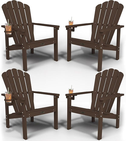 Stackable Adirondack Chair Set of 4, HDPE All-Weather Adirondack Chairs - Durable and Space Saving, Plastic Outdoor Fire Pit Chairs with Cup Holder,Brown