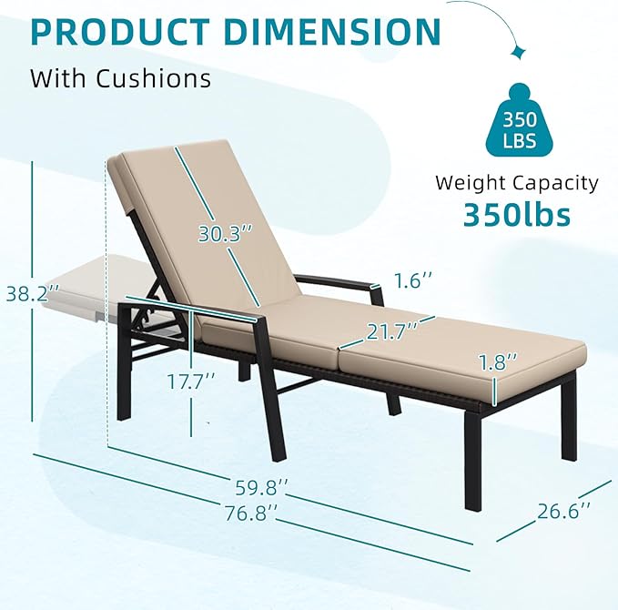 AECOJOY Chaise Lounge Chairs for Outdoor, Lounge Chairs Set of 2, Adjustable PE Rattan Wicker Patio Pool Lounge Chair with Cushion and Wheels for Backyard Deck Porch Garden, Brown Rattan&Khaki Cushion