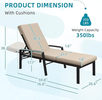 AECOJOY Chaise Lounge Chairs for Outdoor, Lounge Chairs Set of 2, Adjustable PE Rattan Wicker Patio Pool Lounge Chair with Cushion and Wheels for Backyard Deck Porch Garden, Brown Rattan&Khaki Cushion