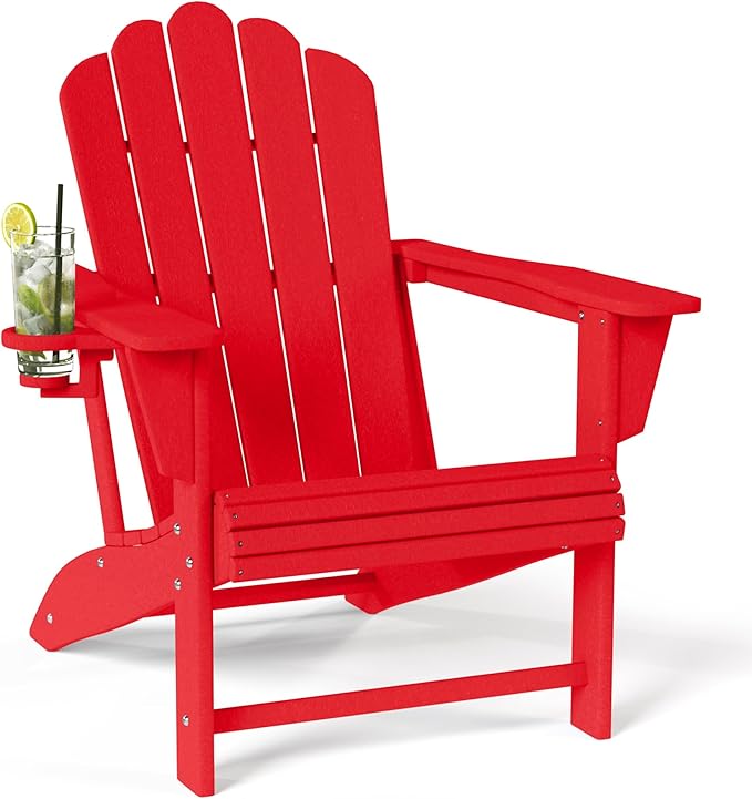 Costaelm Lakeview Outdoor Patio HDPE Adirondack Chair with Cup Holder, Red