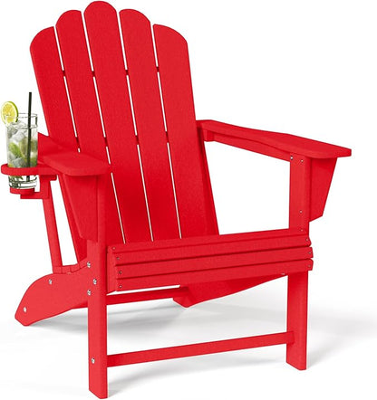 Costaelm Lakeview Outdoor Patio HDPE Adirondack Chair with Cup Holder, Red
