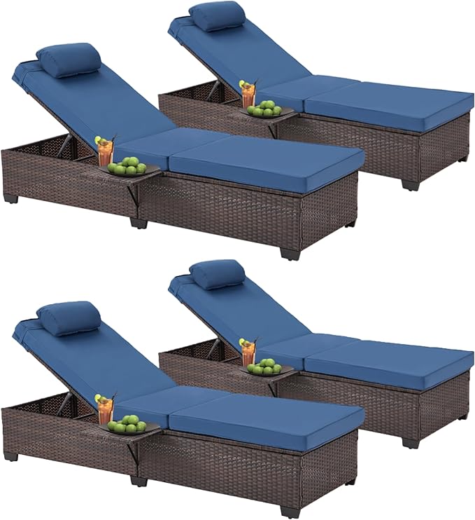 HOMREST PE Wicker Chaise Lounge Chairs Set of 4,Adjustable 5 Position Outside Rattanr Patio Pool Chair with Headrest,Cushion and Storage Rack for Poolside Backyard Porch,(Blue)