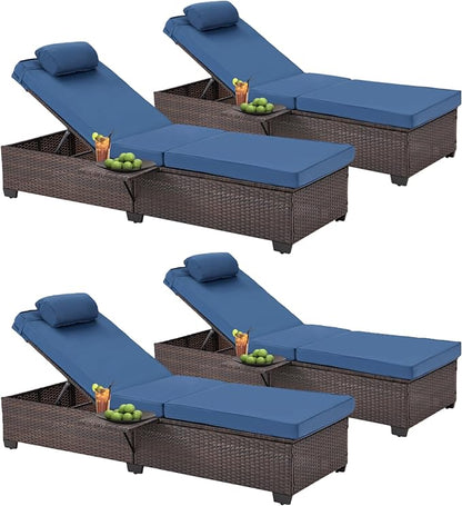 HOMREST PE Wicker Chaise Lounge Chairs Set of 4,Adjustable 5 Position Outside Rattanr Patio Pool Chair with Headrest,Cushion and Storage Rack for Poolside Backyard Porch,(Blue)