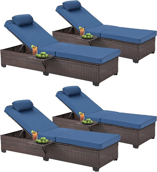 HOMREST PE Wicker Chaise Lounge Chairs Set of 4,Adjustable 5 Position Outside Rattanr Patio Pool Chair with Headrest,Cushion and Storage Rack for Poolside Backyard Porch,(Blue)