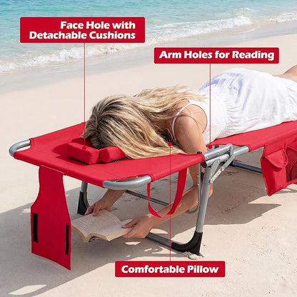 GYMAX Tanning Chair with Face Hole, Sun Bathing Lounge Chairs for Outside with Side Pocket, Folding Portable Face Down Layout Tanning Chair Beach, Backyard, Poolside, Lawn (Red,2)