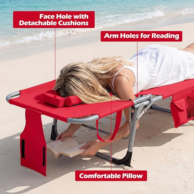 GYMAX Tanning Chair, Folding Beach Lounger with Face Arm Hole, Adjustable Backrest, Side Pocket, Pillow & Carry Handle, Outside Sunbathing Lounge Chair for Patio, Poolside, Lawn (2, Red)