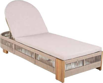 Merax Outdoor Chaise Lounge Chair with Adjustable Backrest & Waterproof Cushion - Acacia Wood Pool Sun Lounger for Patio, Beach, Yard, Garden, Beige