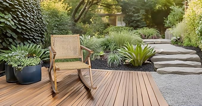 TeakCraft Teak Rocking Chair with Rattan Seat for Adults, Indoor & Outdoor Rocking Chair, Accent Chair, Durable for Patio, Porch, Garden, Living Room, Nursery, Balcony, All Season, The Alinda