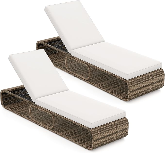 Tangkula Outdoor Chaise Lounge Chair, 7-Position PE Wicker Patio Reclining Sun Lounger with Adjustable Backrest, Cushion and Storage, Pool Sunbathing Recliner for Poolside, Backyard (2, Off White)