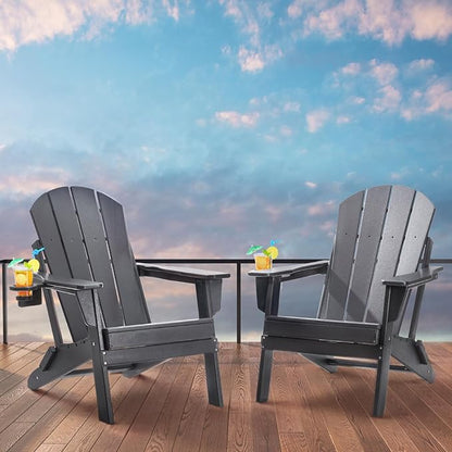 VEVOR Folding Adirondack Chairs Set of 2 with Cup Holder, All-Weather Portable Plastic Fire Pit Chair, Outdoor Adirondack Patio Chair, with Relaxing Arm Rest Ergonomic, for Garden, Backyard, Gray