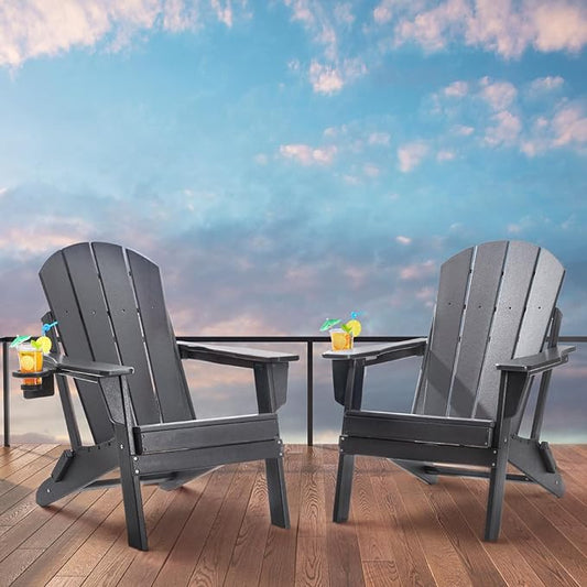 VEVOR Folding Adirondack Chairs Set of 2 with Cup Holder, All-Weather Portable Plastic Fire Pit Chair, Outdoor Adirondack Patio Chair, with Relaxing Arm Rest Ergonomic, for Garden, Backyard, Gray