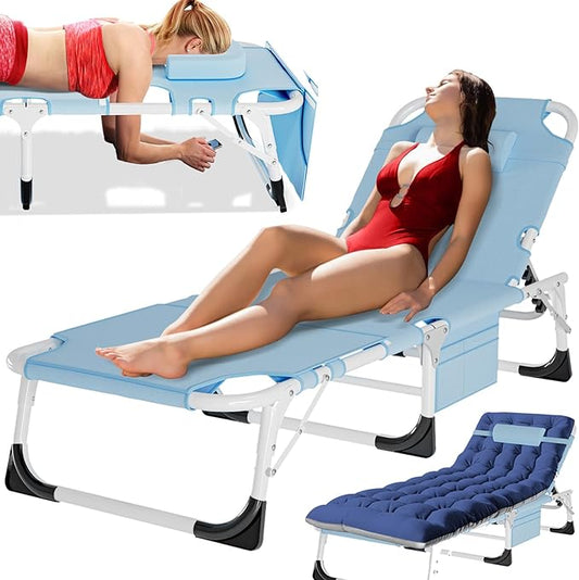 MOPHOTO Oversized Beach Lounge Chair, 5-Position Adjustable Tanning Chair with Face Hole, Heavy Duty Folding Chaise Lounge for Beach, Pool, Patio & Sunbathing