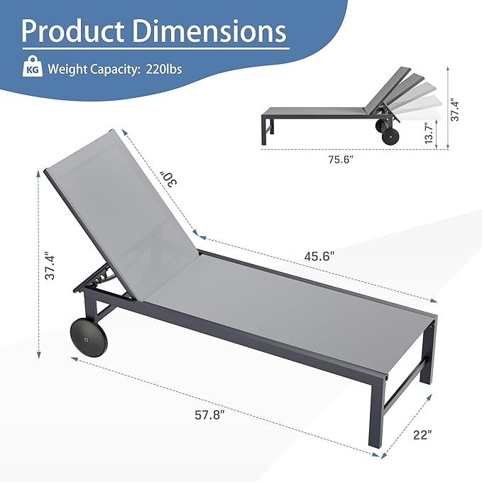 QAQA Patio Chaise Lounge Set of 2, Outdoor Lounge Chairs with 5 Adjustable Positions and Wheels - Photo 2
