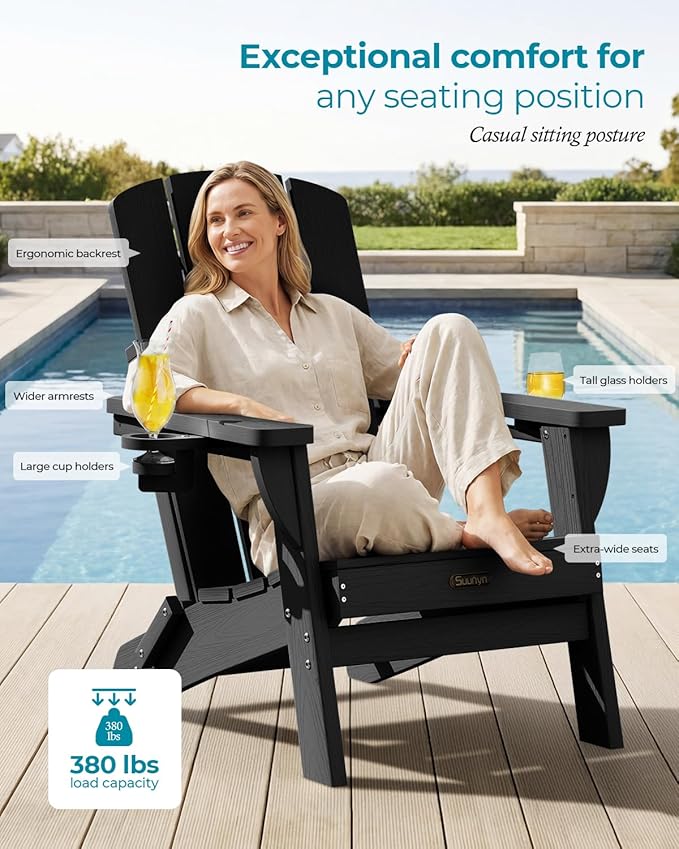 Folding Adirondack Chair, HDPE All-Weather Fire Pit Chairs, Plastic Adirondack Chairs with 2 Cup Holder - Photo 3