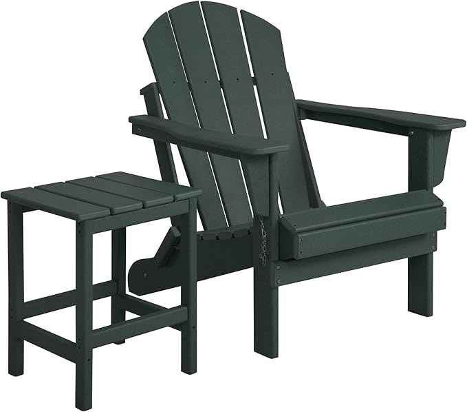 WestinTrends Malibu 2-Pieces Adirondack Chair Set with Side Table, All Weather Outdoor Seating Plastic Patio Lawn Chair Folding for Outside Porch Deck Backyard, Dark Green