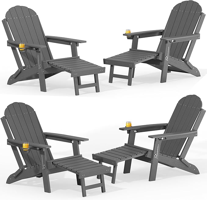 YEFU Adirondack Chair with Retractable Ottoman: Adjustable Folding Adirondack Chairs Set of 4 - Fire Pit Chairs with Cup Holder - Sturdy HDPE Plastic All Weather for Outdoor/Patio/Fire Pit/Pool(Grey)