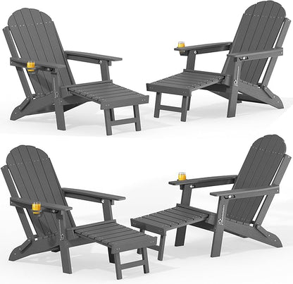 YEFU Adirondack Chair with Retractable Ottoman: Adjustable Folding Adirondack Chairs Set of 4 - Fire Pit Chairs with Cup Holder - Sturdy HDPE Plastic All Weather for Outdoor/Patio/Fire Pit/Pool(Grey)
