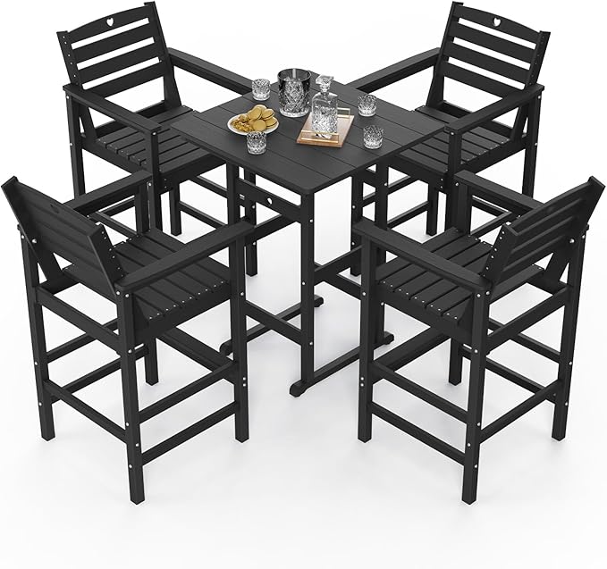 5-Piece Bar Height Outdoor Table and Chairs Set, HDPE Wood Grain Patio Bar Table and Chairs with Heart Cutout Design - Photo 8