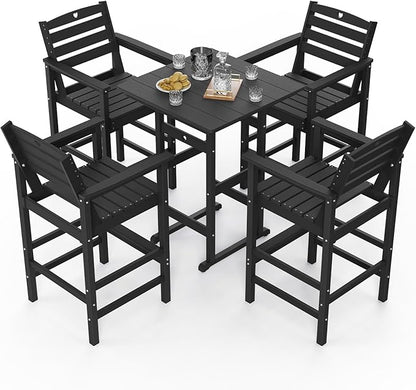 5-Piece Bar Height Outdoor Table and Chairs Set, HDPE Wood Grain Patio Bar Table and Chairs with Heart Cutout Design, Weather-Resistant Bar Height Furniture for Deck, Porch, Pool (Black)